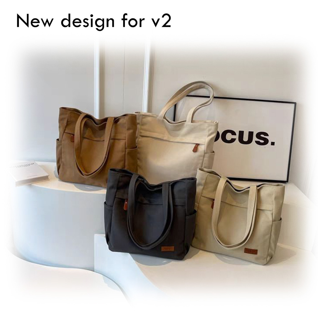 Japanese Minimalist Big Canvas Tote Bag Shoulder Carry Spacious Handbag with Zip for Student Travel Beg Wanita Shopee Malaysia