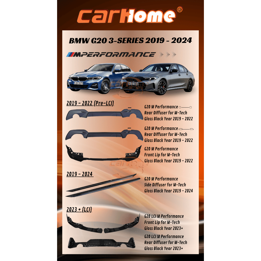 BMW G20 3 Series 2019 - 2024 M Performance Front Lip Side Diffuser Rear ...