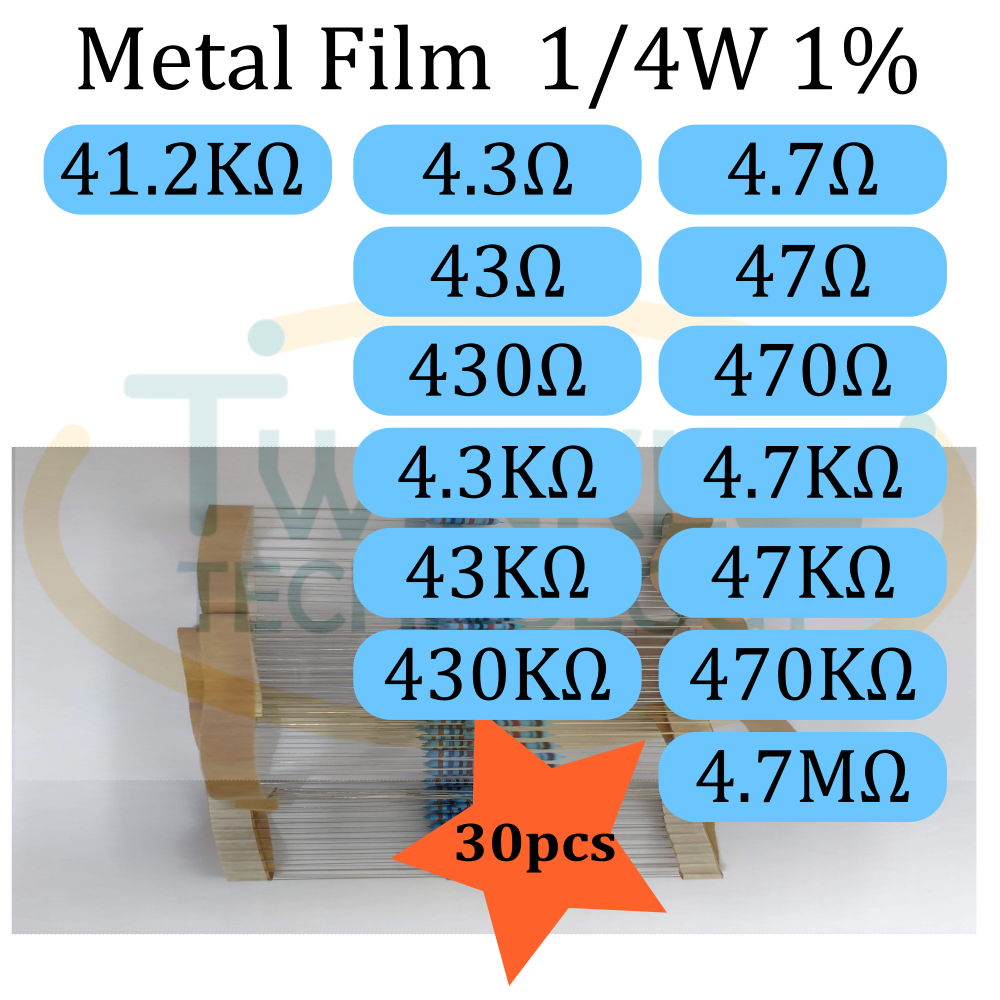 Resistor 0.25W Metal Film 4.3, 43, 430, 4.3K, 43K, 430K, 4.7, 47, 470 ...