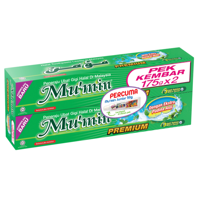 MU'MIN Premium Ubat Gigi - Ekstra Pudina Asli - 175g x 2 FREE MU'MIN JR ...