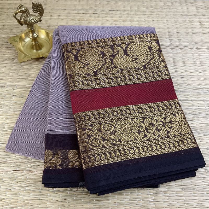 Kanchi Cotton Saree x  Dual Gap Border : Olive x Navy Blue main image 1