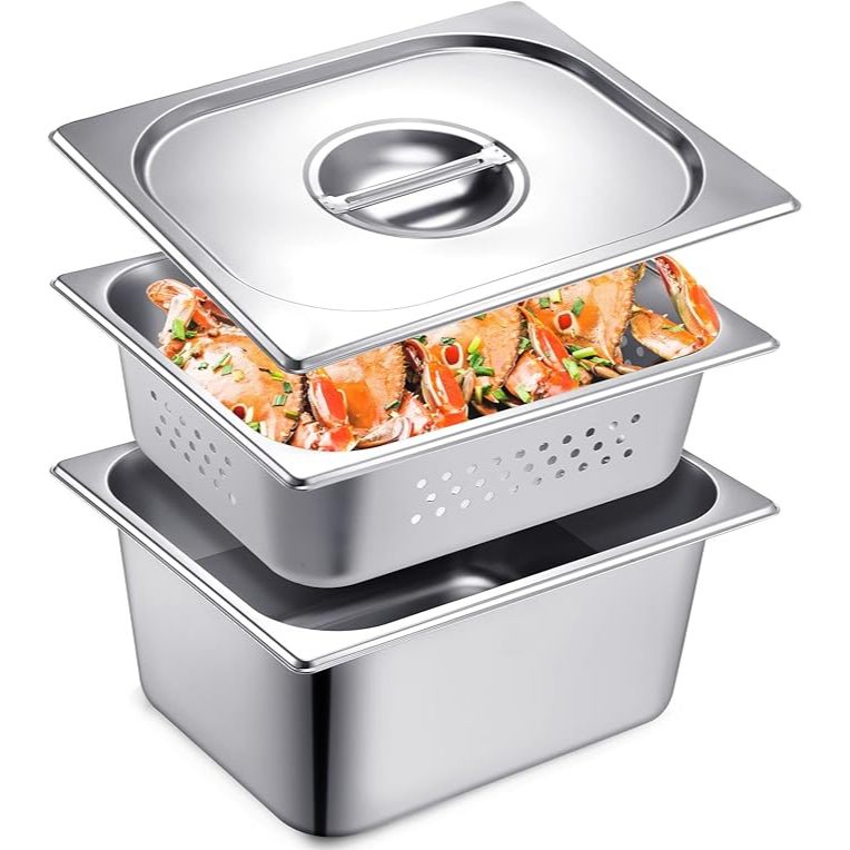 3 Pack Half Size Hotel Pan with Lid Set Include Pan Perforated Steam ...