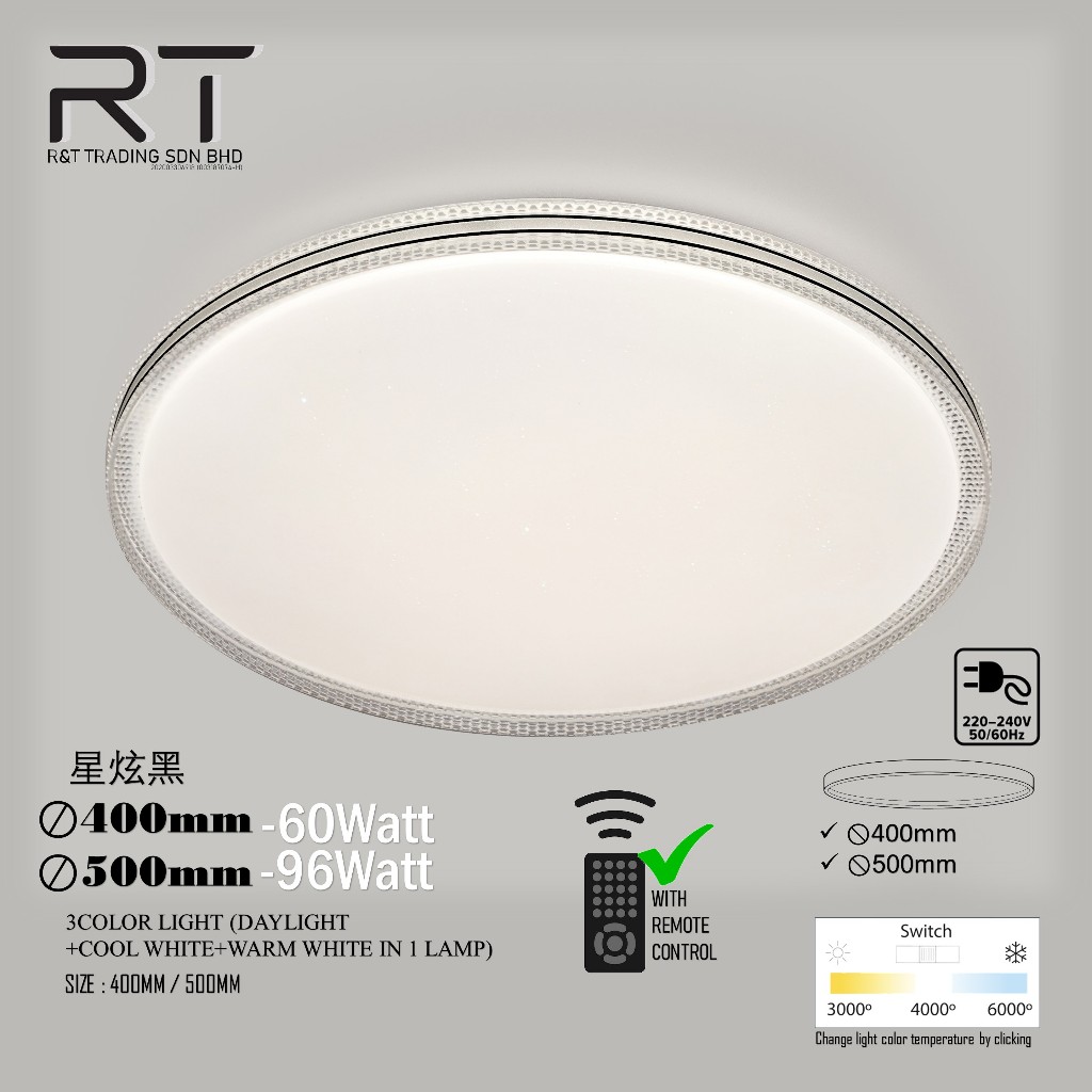 Lampu Siling LED 3 Warna dengan kawalan jauh 60W 16