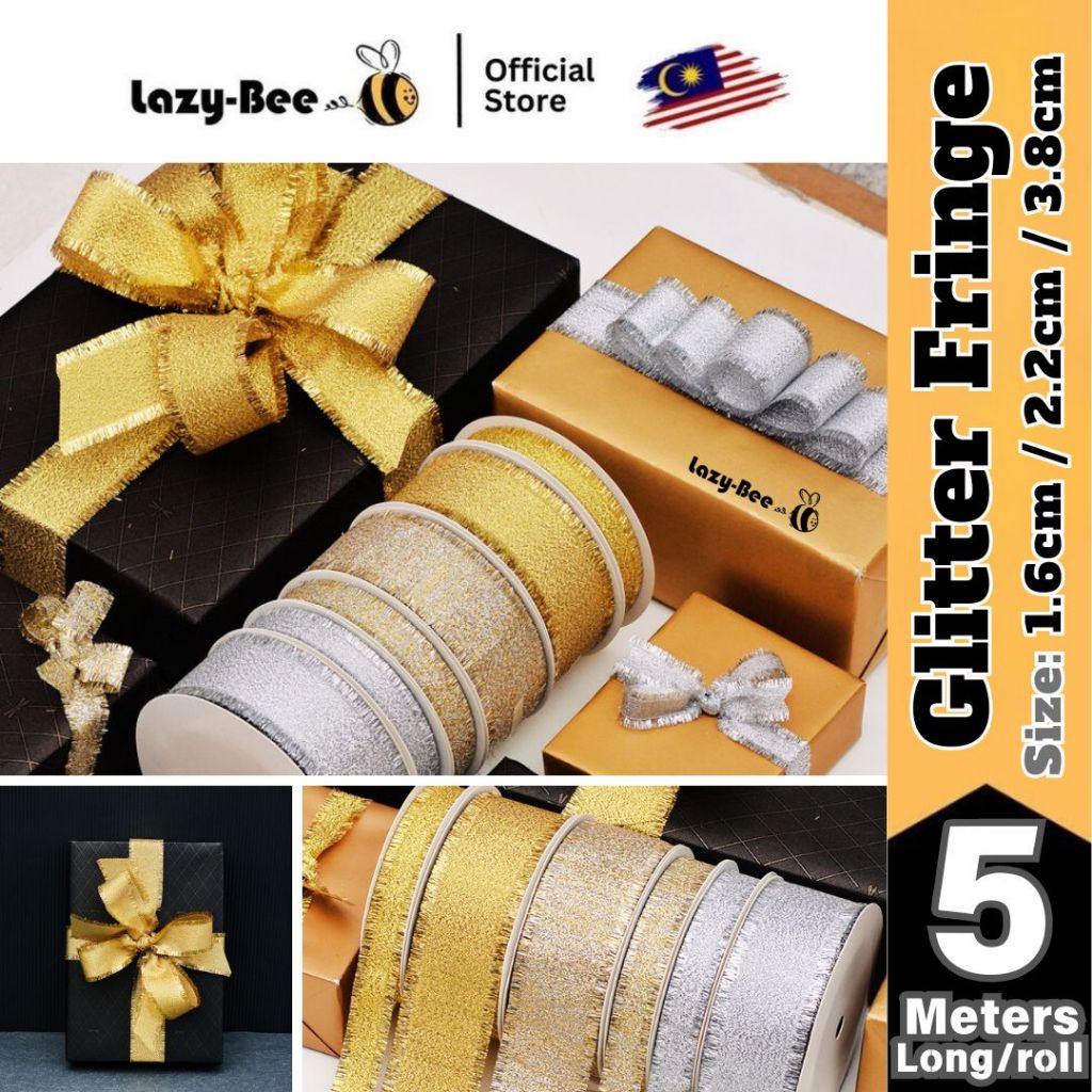 LAZY BEE 5 meters Metallic Gold Silver Glitter Fringe Ribbon hadiah ...