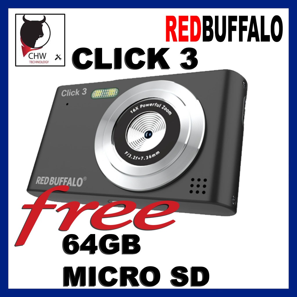 RED BUFFALO CLICK 3 COMPACT CAMERA 16X DIGITAL ZOOM FREE 64GB CARD ...
