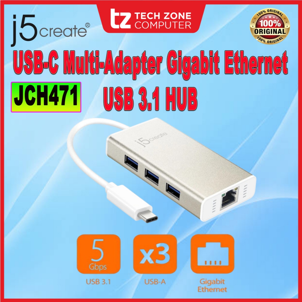 J5CREATE JCH471 USB-C ke USBx3 & RJ45 Ethernet / USB-C Multi-Adapter ...