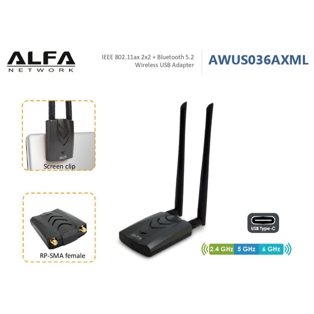 ALFA AWUS036AXML 802.11axe WiFi 6E USB 3.0 Adapter AXE3000, Tri Band 6 ...