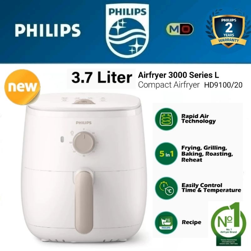 Philips Airfryer 3000 Series L Compact Airfryer - White (HD9100)