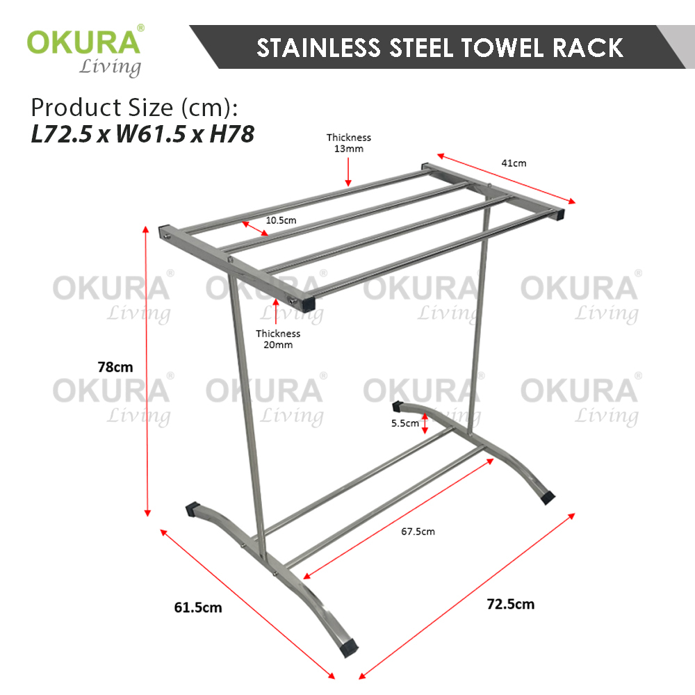 Okura Stainless Steel Clothes Rack Cloth Drying Rack Foldable Mobility Clothing Shoe Hanger