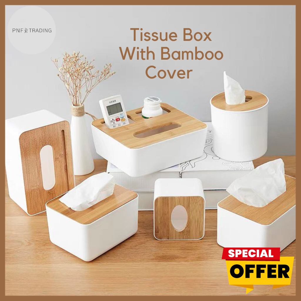 Muji Style Tissue Box With Bamboo Cover With Phone Holder Tissue Storage Box with Wooden Cover