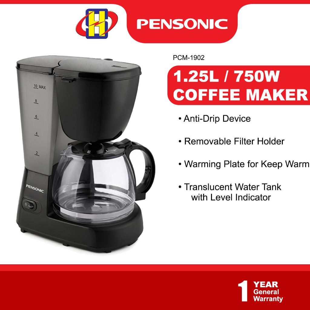 Pensonic Coffee Maker (1.25L/750W)AntiDrip Device Translucent Water Tank with Level Indicator