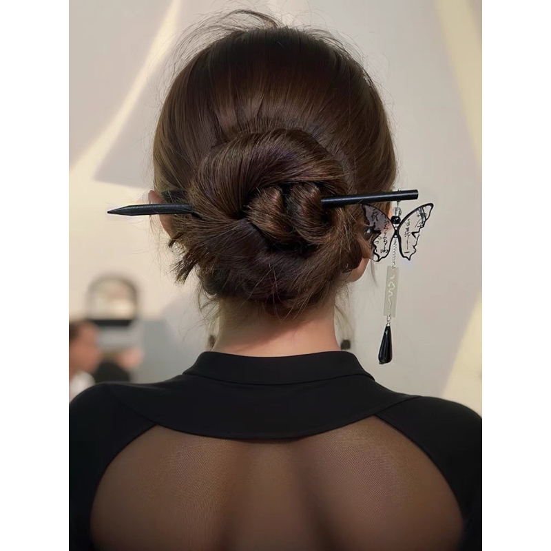 A72现货 新中式书法蝴蝶流苏簪子Chinese Style Tassel Butterfly Hair Clasp发饰古风清冷感盘发钗子高级 ...