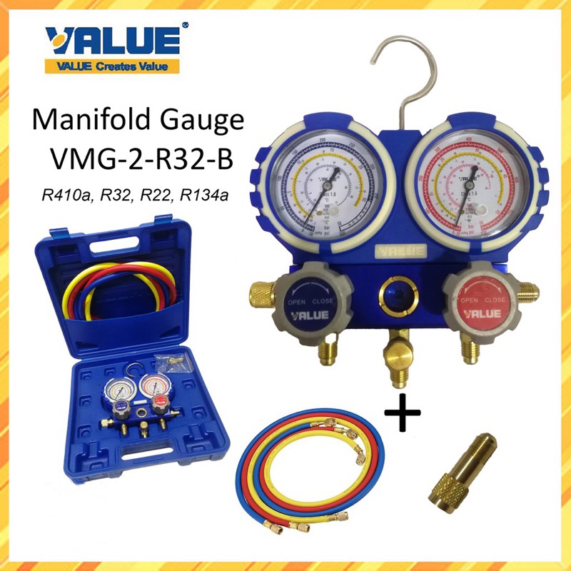 New Set VALUE Manifold Gauge VMG-2-R32-B Gas Meter R410a, R32, R22 ...