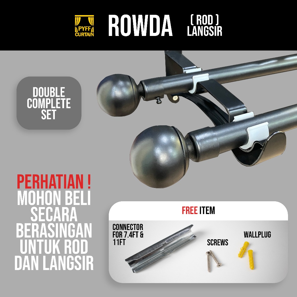 PYFF CURTAIN ROWDA ROD LANGSIR DOUBLE , kayu langsir alluminium