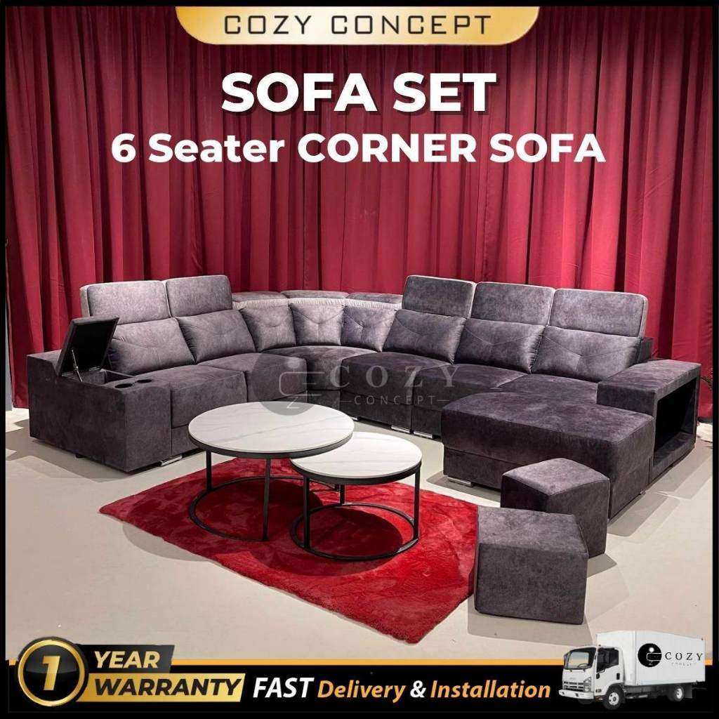 [FREE INSTALL] Fabric UShape Sofa / Corner Sofa with 2 Stools