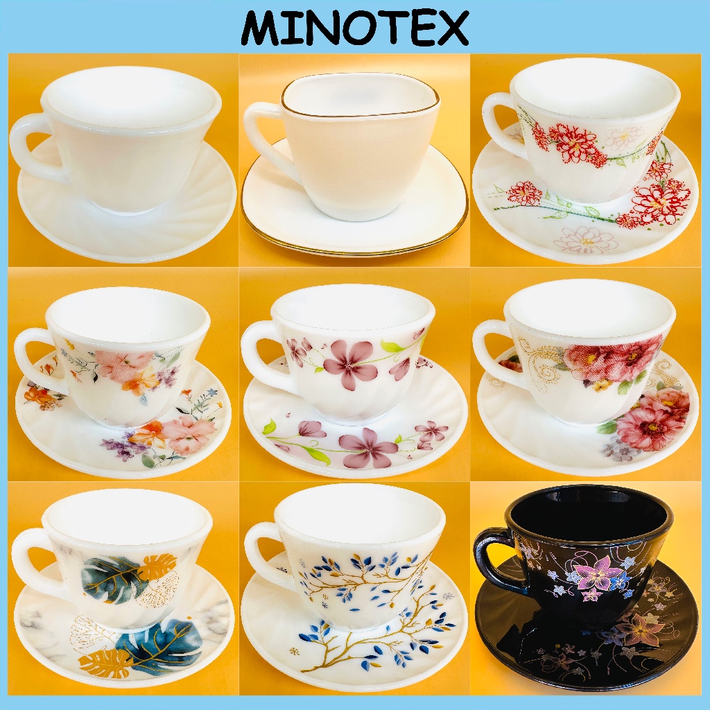 12pcs Opal Glass Cup Saucer Set/Set Piring Dan Cawan Kaca Opal / Opal