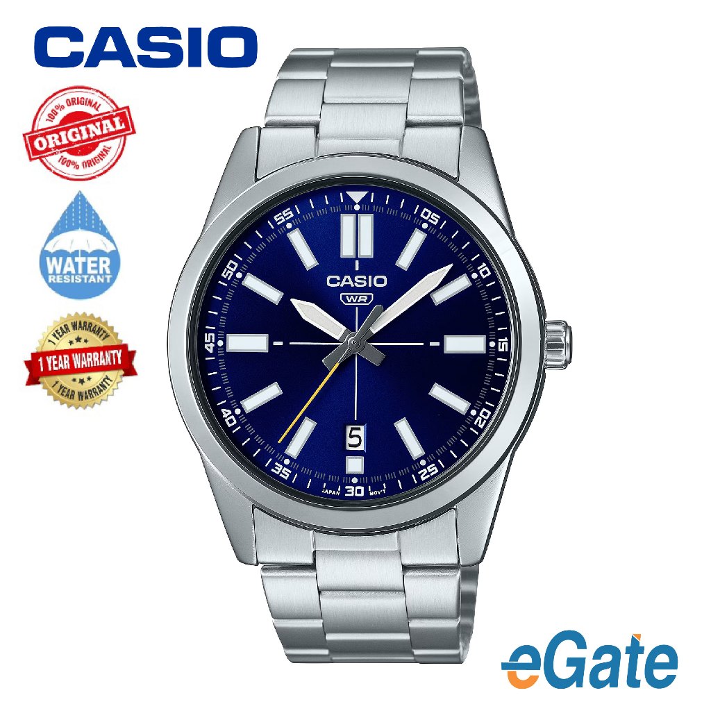 Casio MTP-VD02D-2E Reloj deportivo analógico de acero inoxidable con esfera azul de 3 manecillas para hombre
