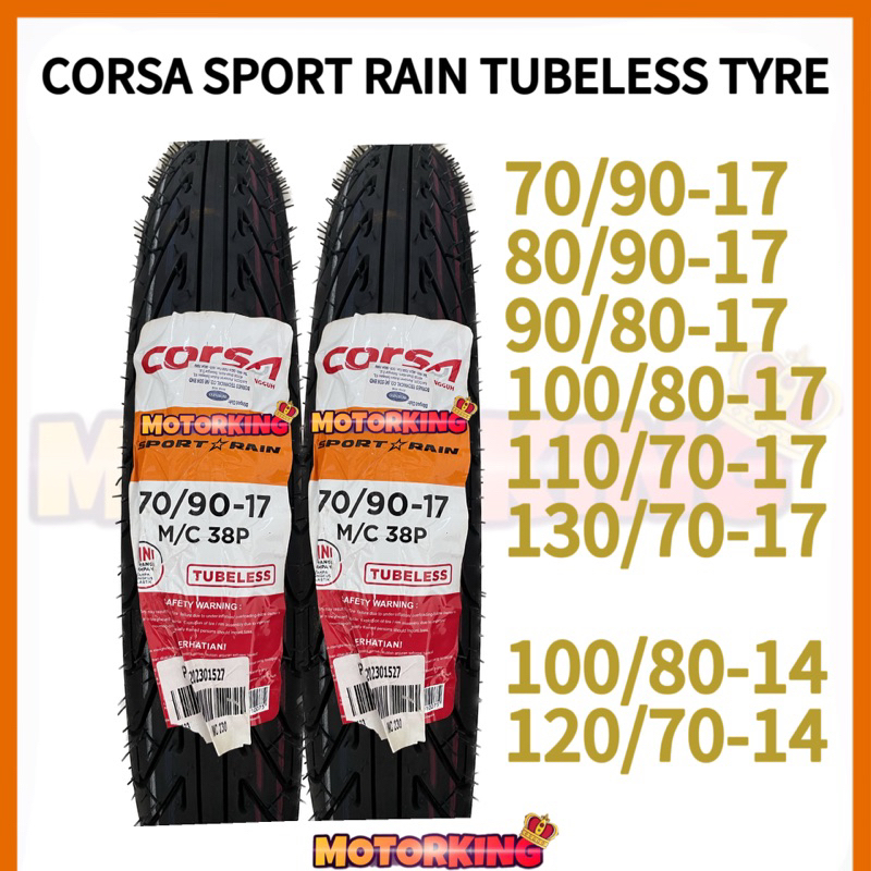 CORSA SPORT RAIN TUBELESS TYRE TAYAR 70/9017 80/9017 90/8017 100/80