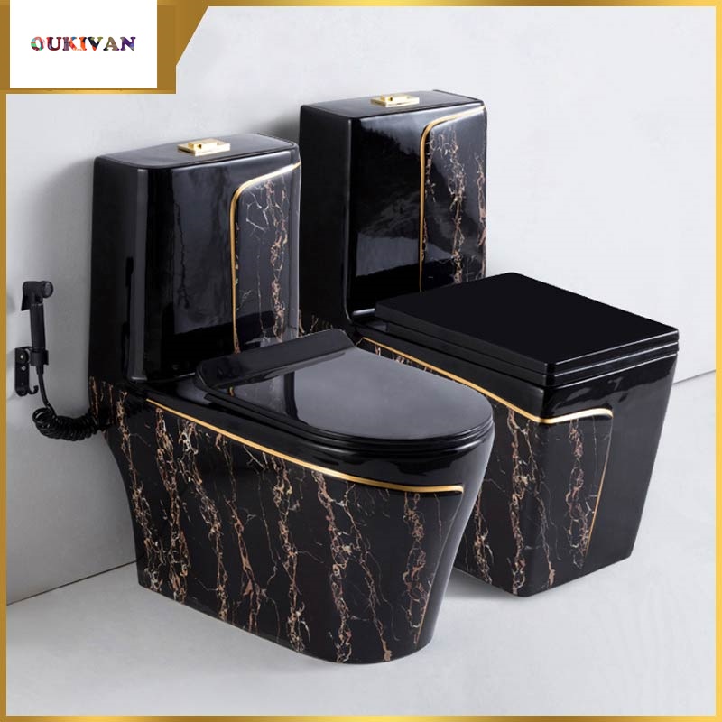 Nordic Ceramic Sitting Toilet Luxury Black Gold Marble Toilet Tandas
