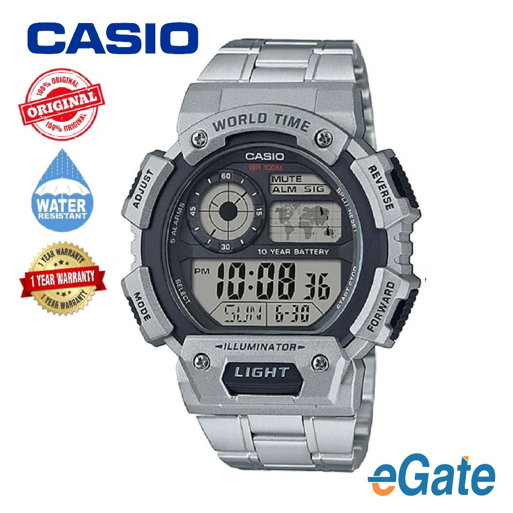 100 Original Casio AE 1400WHD 1AV Men Digital World Map Silver Stainless Steel Strap Casual Watch AE 1400WHD Shopee Malaysia