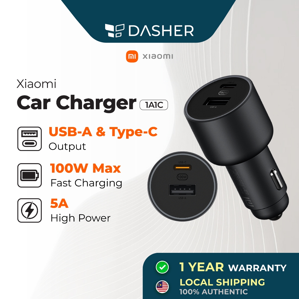 Xiaomi Mi Car Charger Dual Output USBA TypeC Super Fast Charge (100W