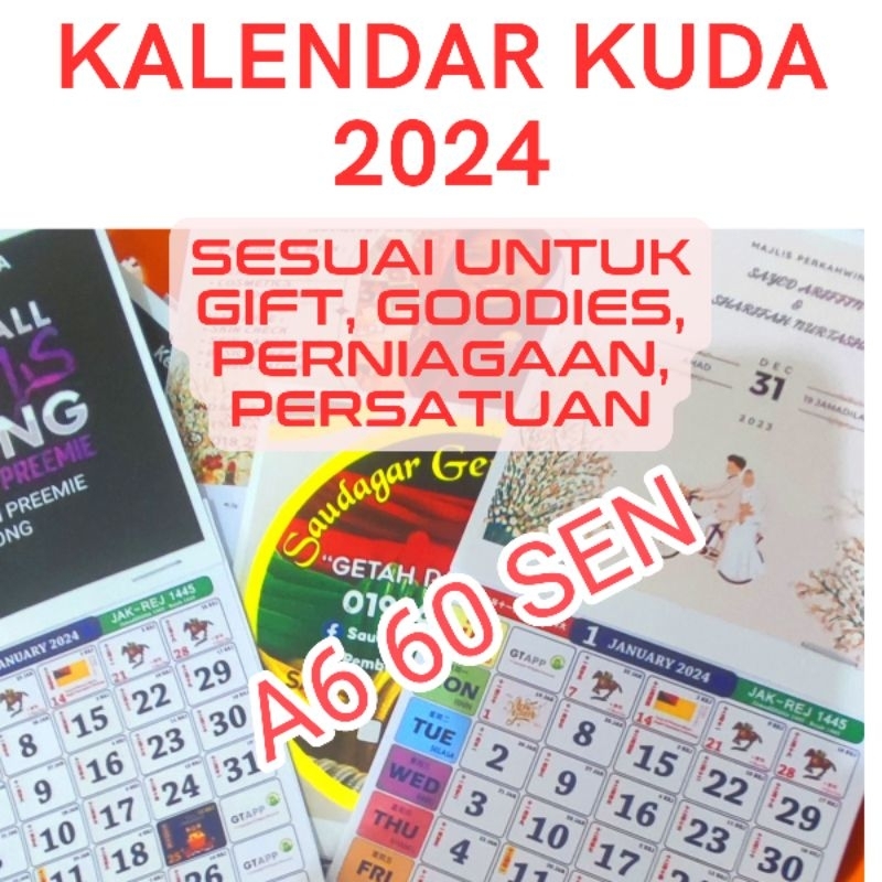 KALENDAR ISLAMIC / KALENDAR KUDA  2024 GOODIES / DOORGIFT / DESIGN SENDIRI - SAIZ A6 / A4 / CUSTOM