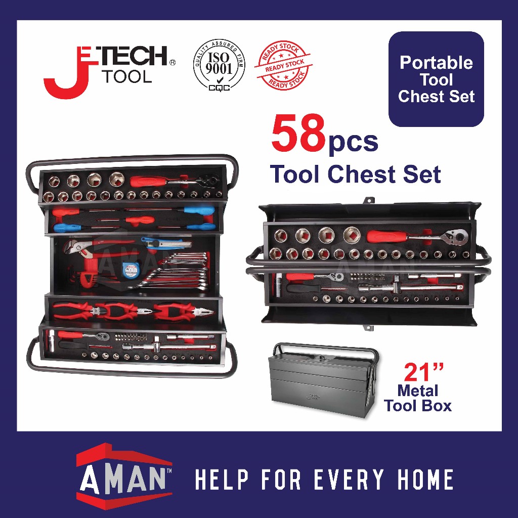 JETECH 58pcs Portable Tool Chest Set Combination Spanner Hex Socket ...