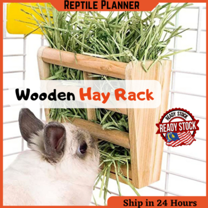 Image showcasing Wooden Hay Rabbit Feeder Rack Guinea Pigs Food Bowl Chinchilla Bin ...