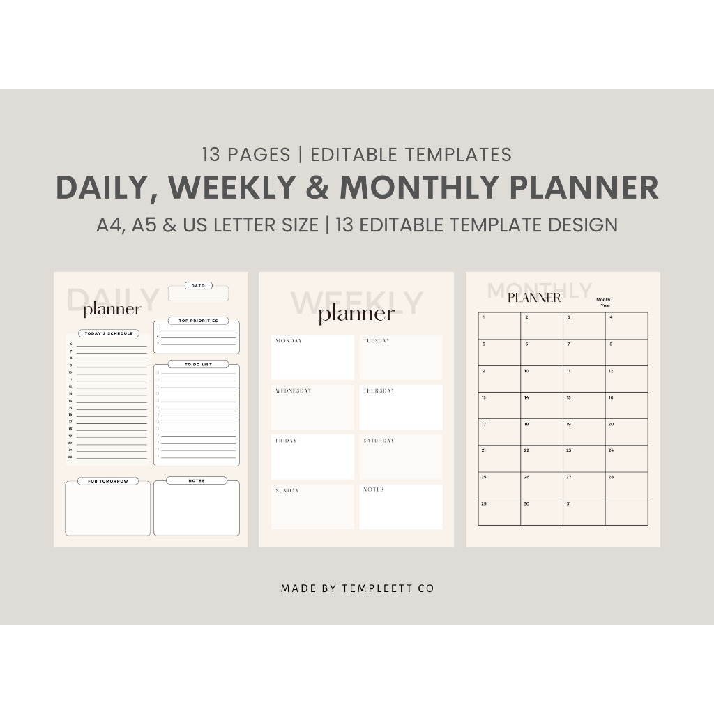 Daily Planner | Weekly Planner | Monthly Planner | Printable PDF ...