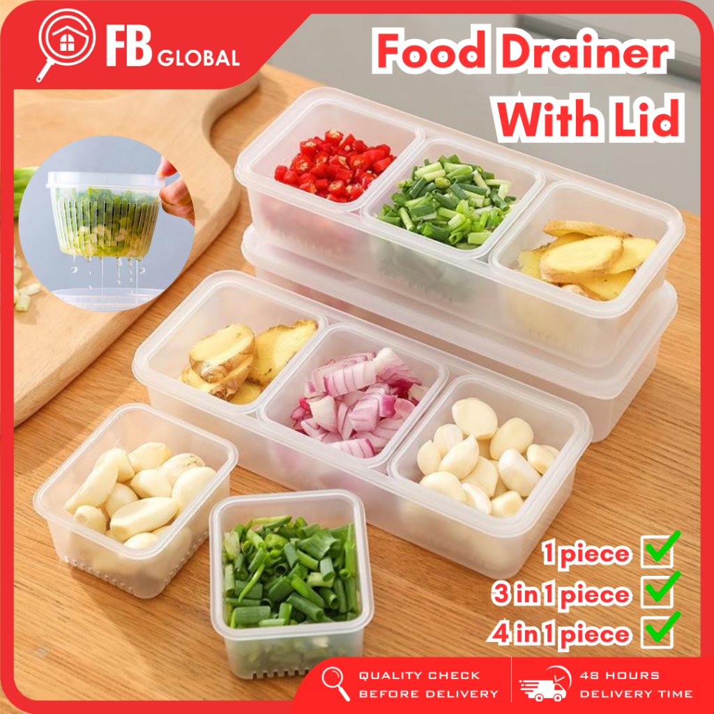 3/4 Grids Food Drainer Box Food Container Fridge Storage Box Tupperware ...