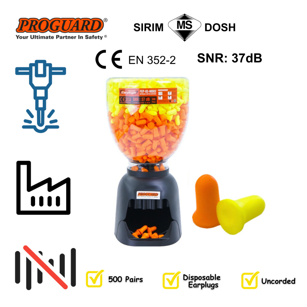 Proguard 500 Prs SNR 37dB Disposable Soft Foam Earplug with Dispenser