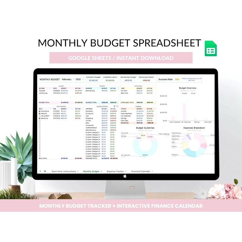 Monthly Automated Budget Planner Google Sheets Budget Spreadsheet 