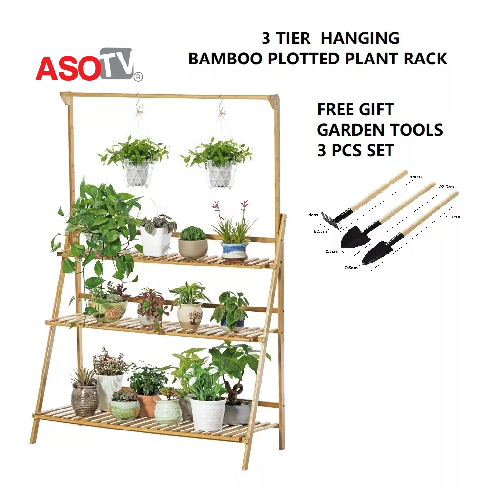 ASOTV® 3 Tier 70cm Hanging Flower Rack Bamboo Wood Garden Plotted Plant ...