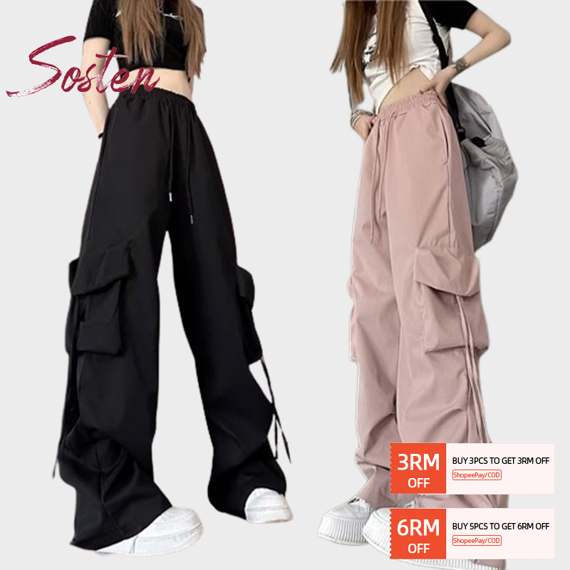 NEW 2023】ST401 S-2XL Women Casual Cargo Long Pants Elastic Loose Straight  Korean Street Style 女款工装裤休闲直筒阔腿裤