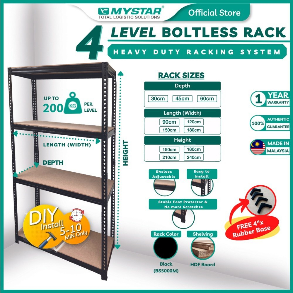 MYSTAR Boltless Rack Medium Duty Series 4 Level 200KG BLACK Fiberboard ...