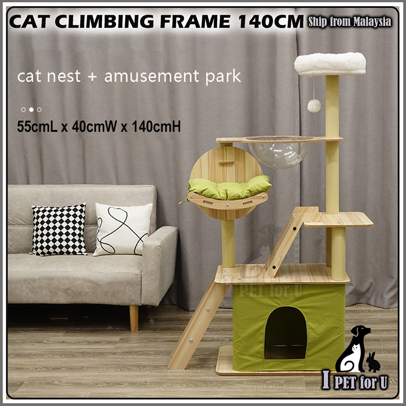 Wooden Cat Tree Scratching Post Muiltilevel Cat Condo with Clear Cat