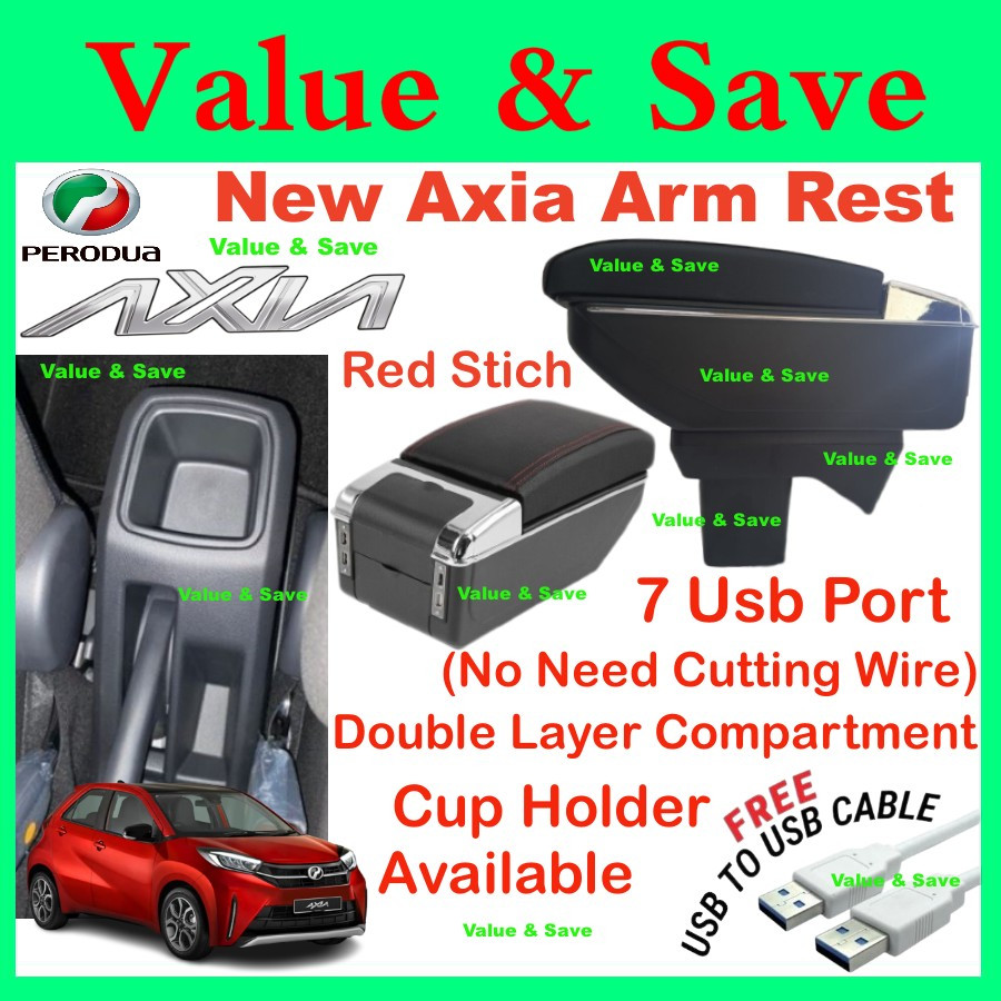 Perodua New Axia 2023 Arm Rest Armrest 2 Layer With Cup Holder (RED / BLACK STITCH) Kotak Rehat