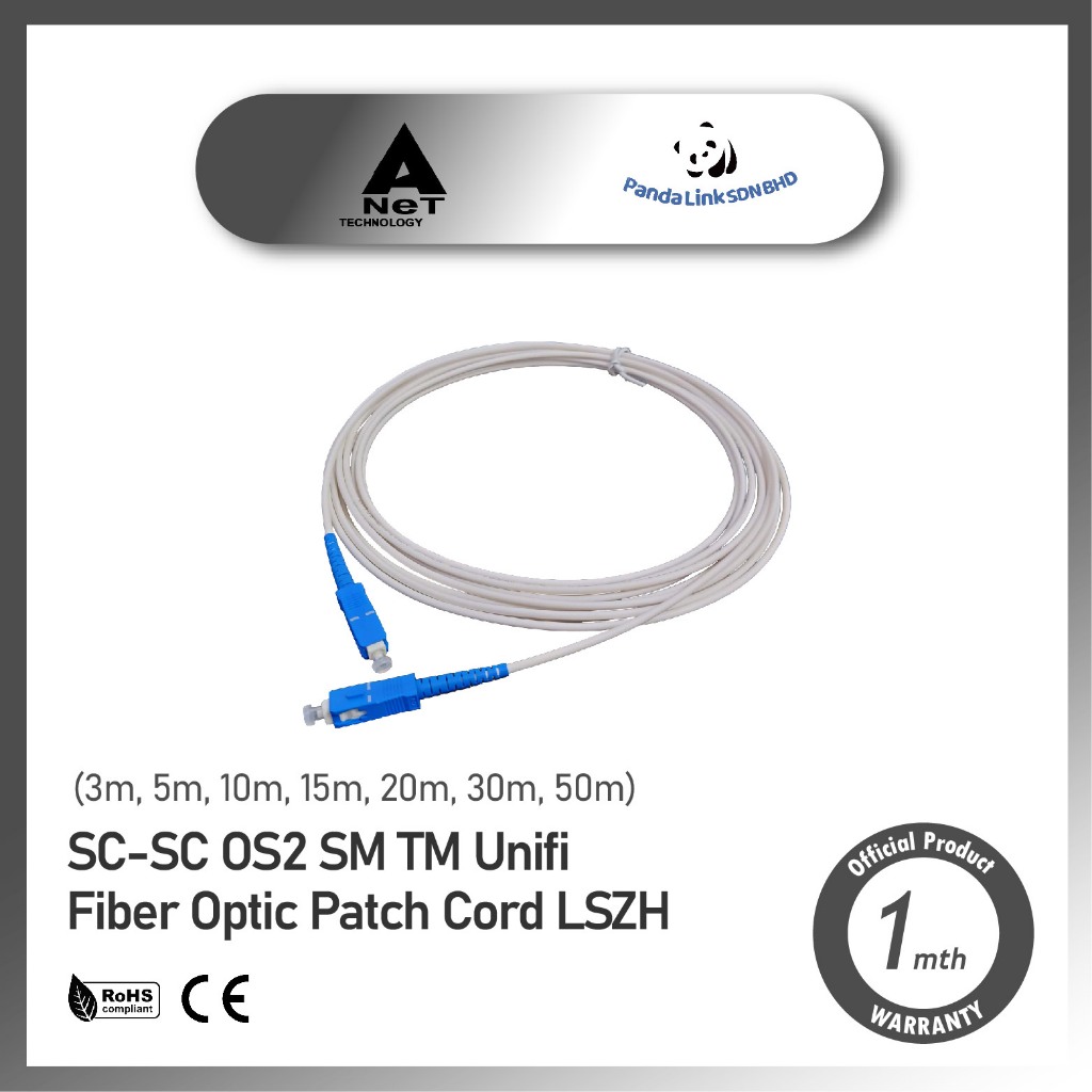 ANET OS2 SC-SC UPC SM TM Unifi Fiber Optic Cable Patch Cord LSZH (White ...