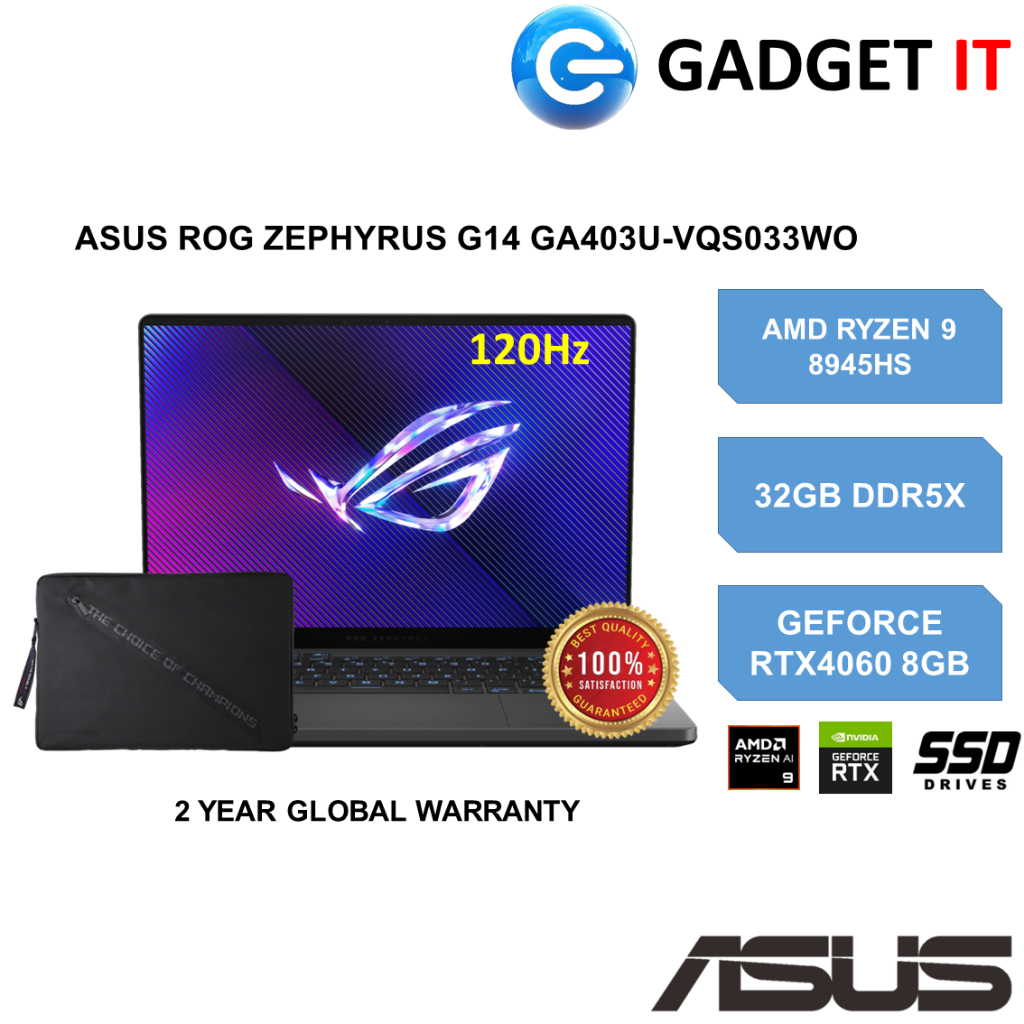 ASUS ROG ZEPHYRUS G14 GA403UVQS033WO GAMING LAPTOP (RYZEN 9 8945HS,32GB DDR5X,1TB SSD,14"3K