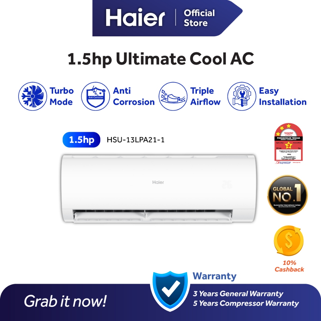 Haier 1.5HP Non Inverter R32 Strong Air Flow Air Conditioner / AirCond