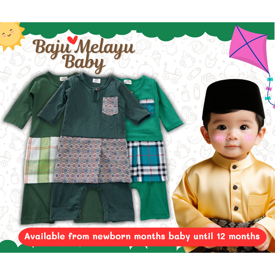 BAJU MELAYU BABY BOY ROMPER RAYA KAIN COTTON HIJAU GELAP GREEN