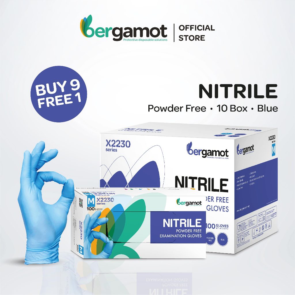 CARTON] Bergamot Nitrile Powder Free Examination Gloves Blue