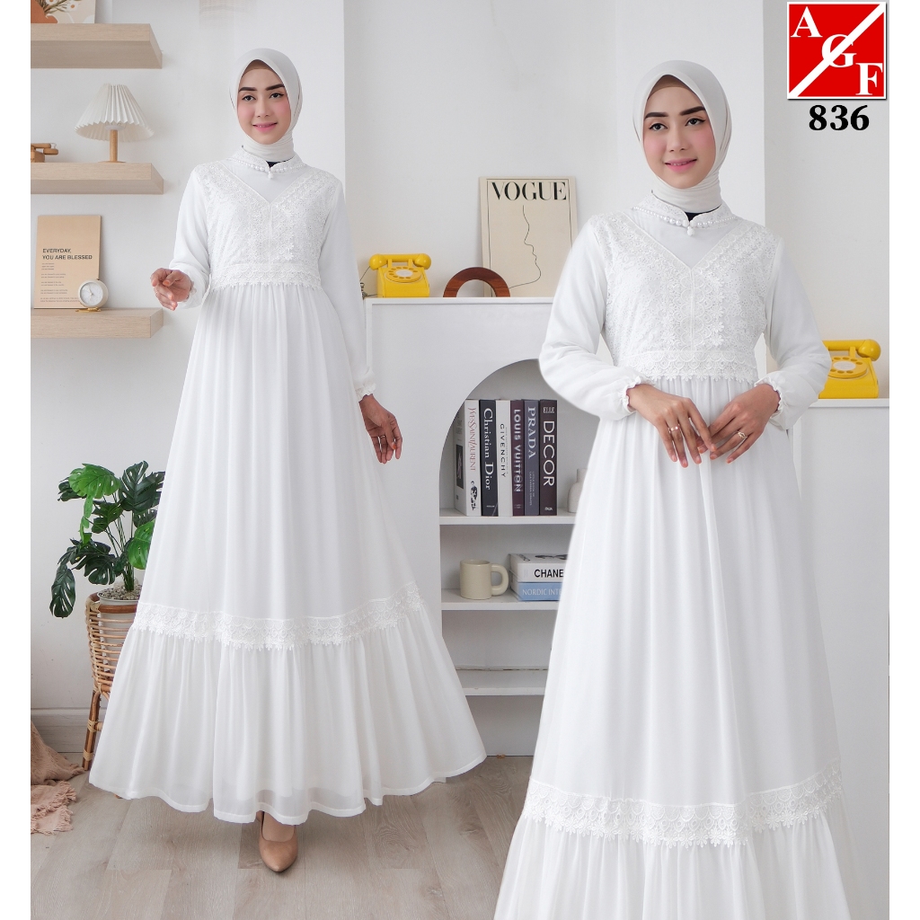 Gaun Putih Baju Raya 2025 Terbaru Kaftan Dress Kembang Muslimah Elegan ...