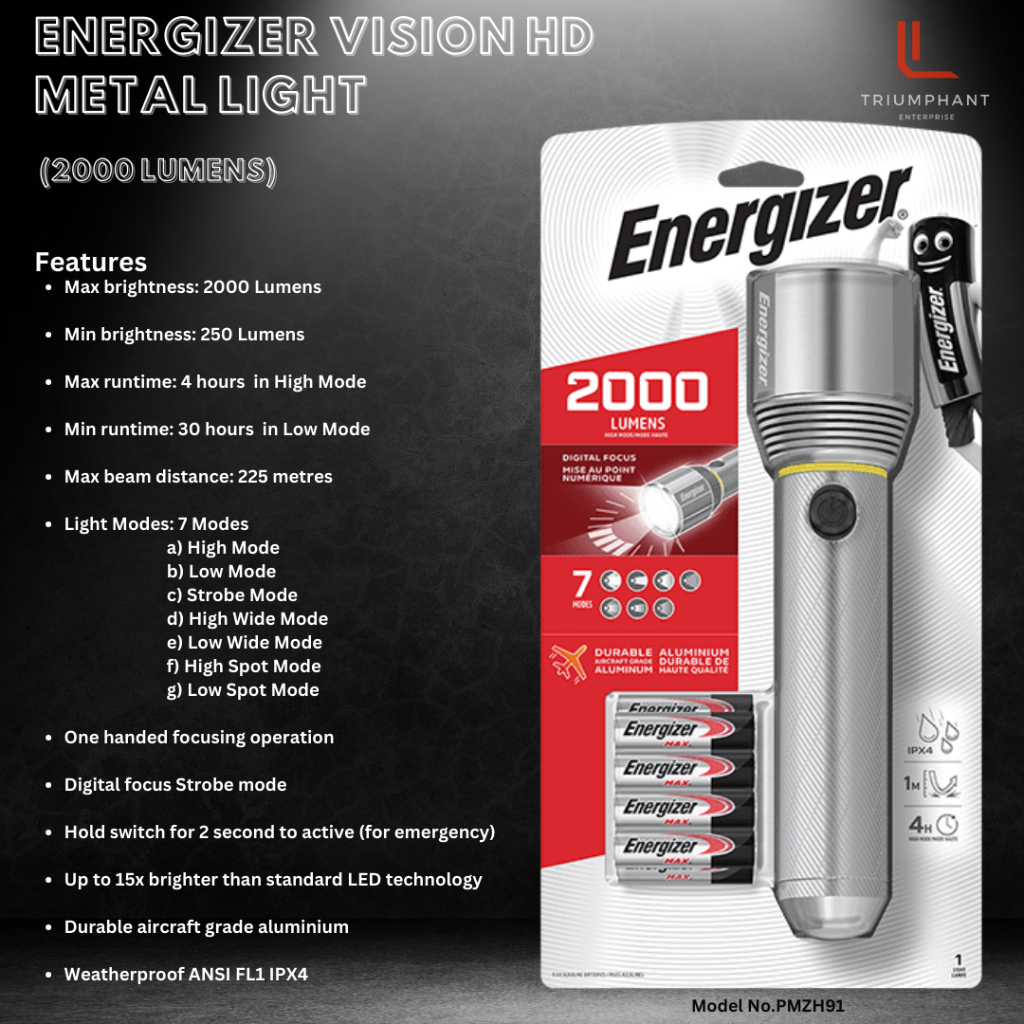 Energizer Perfomance Metal Light with Digital Focus, 2000LM / 400LM