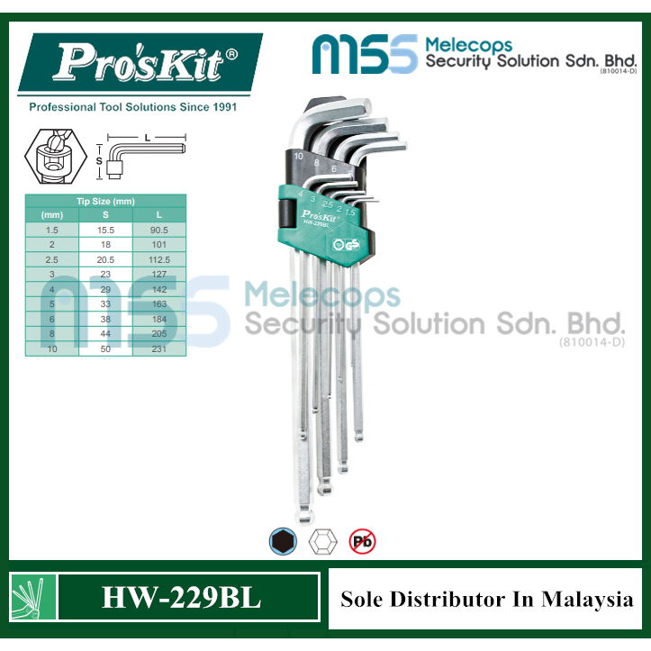 Pro'skit HW-229BL 9pcs Extra Long Arm Ball Point Hex Key Set | Shopee ...