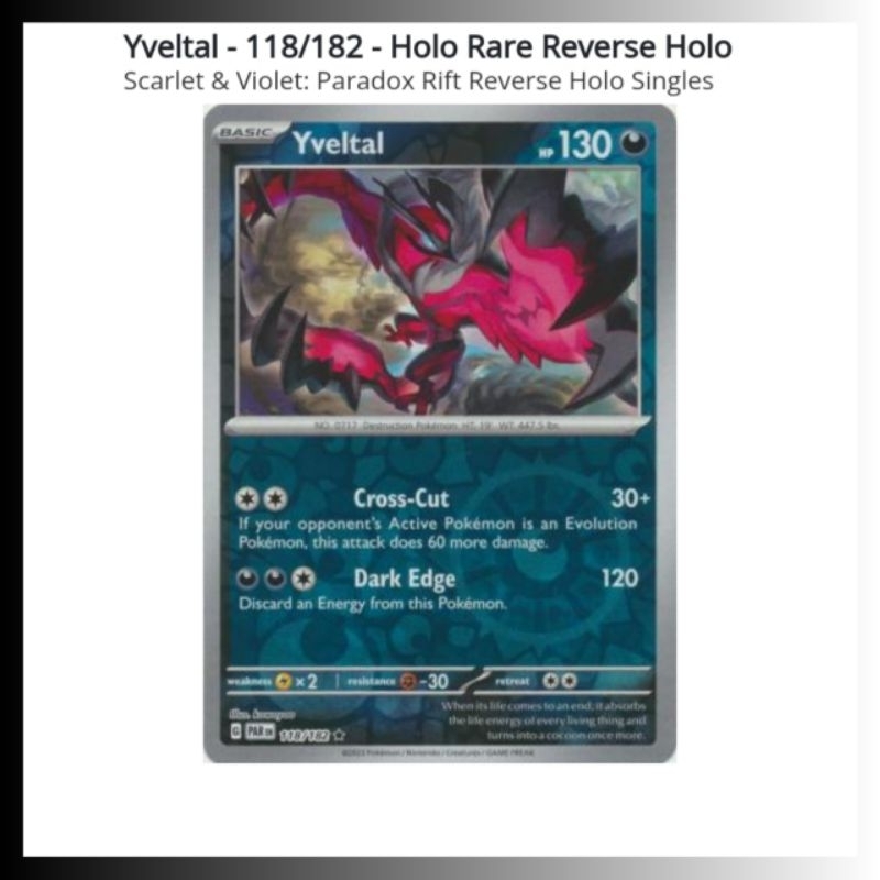 Yveltal (118/182) Reverse Holo - Paradox Rift | Pokemon TCG Card ...