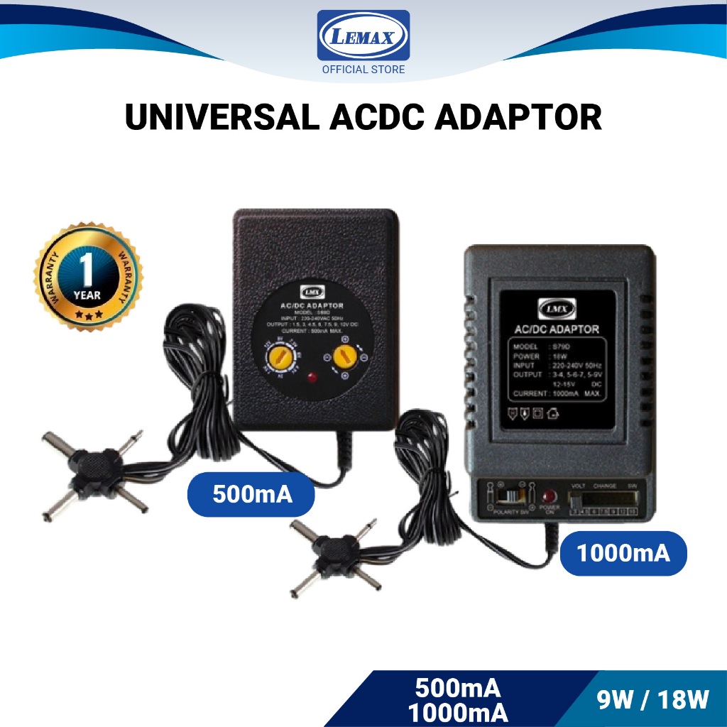 LMX 500mA/1000mA Universal ACDC Adaptor 1.5V/3V/4.5V/6V/7.5V/9V/12V 4 ...