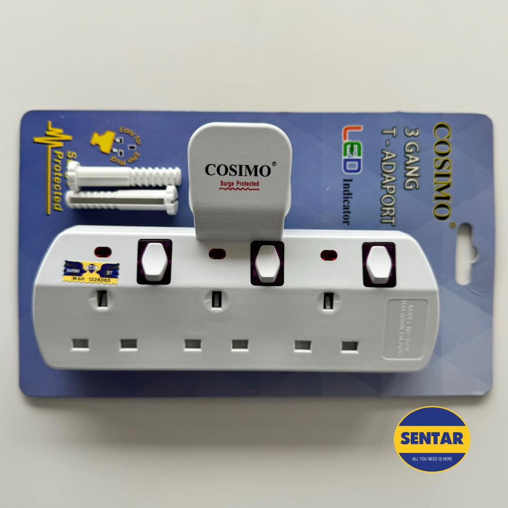 [SIRIM] Cosimo T503B - 3 Way T-Adaptor with LED Light 250V | Shopee ...