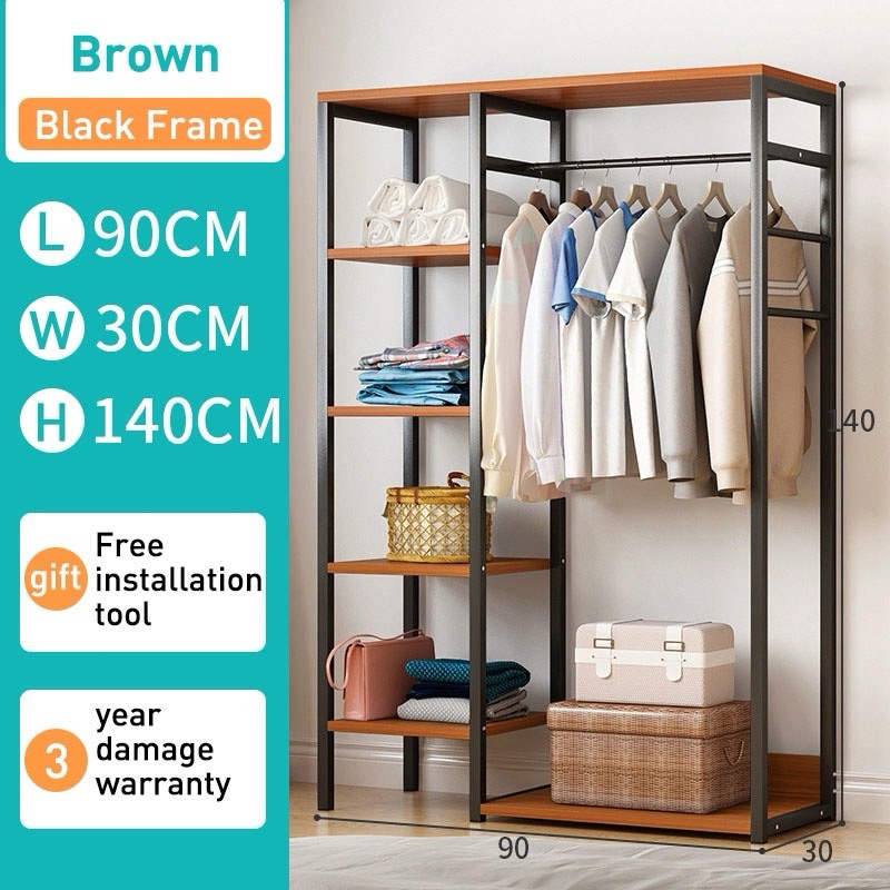 wooden rack rak baju almari baju clothes hanging rack Ikea clothes hanging rack tak baju butik open rack with drawer Shopee Malaysia
