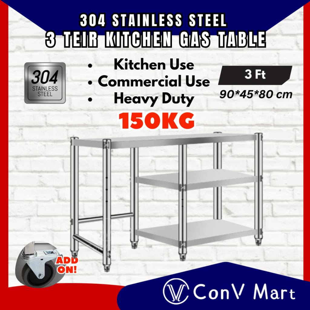 【3FT 90cm】3 Tier Stainless Steel Kitchen Gas Table Stove Rack Gas ...